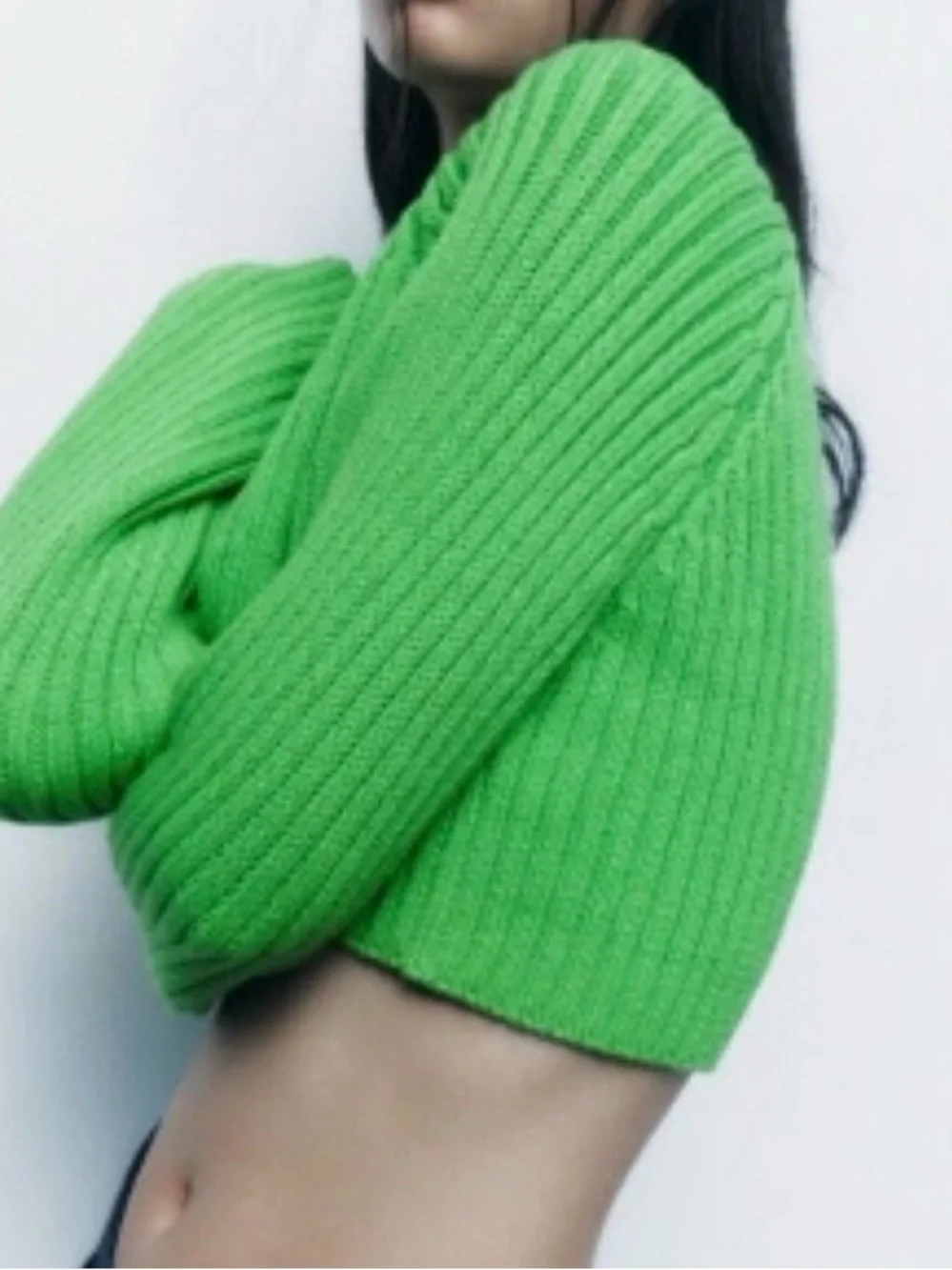 Zara Cropped Ribbed Crewneck Sweater Lime Green Size XS